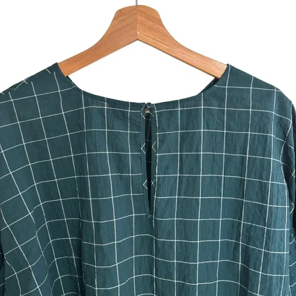 A new day green & white plaid windowpane peplum smock puff sleeve top size XL - Picture 12 of 14